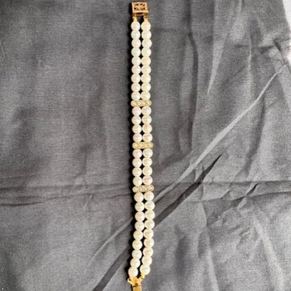 Vintage Gold Tone Double Strand Imitation Pearl 7 1/2" Rhinestone Bracelet